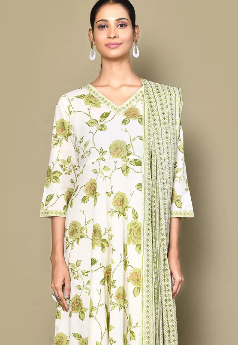 Printed Pure Cotton Aline Suit in Off White