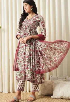 Printed Pure Cotton Aline Suit in White