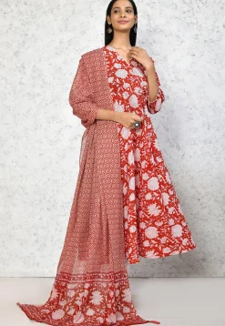 Printed Pure Cotton Aline Suit in Red