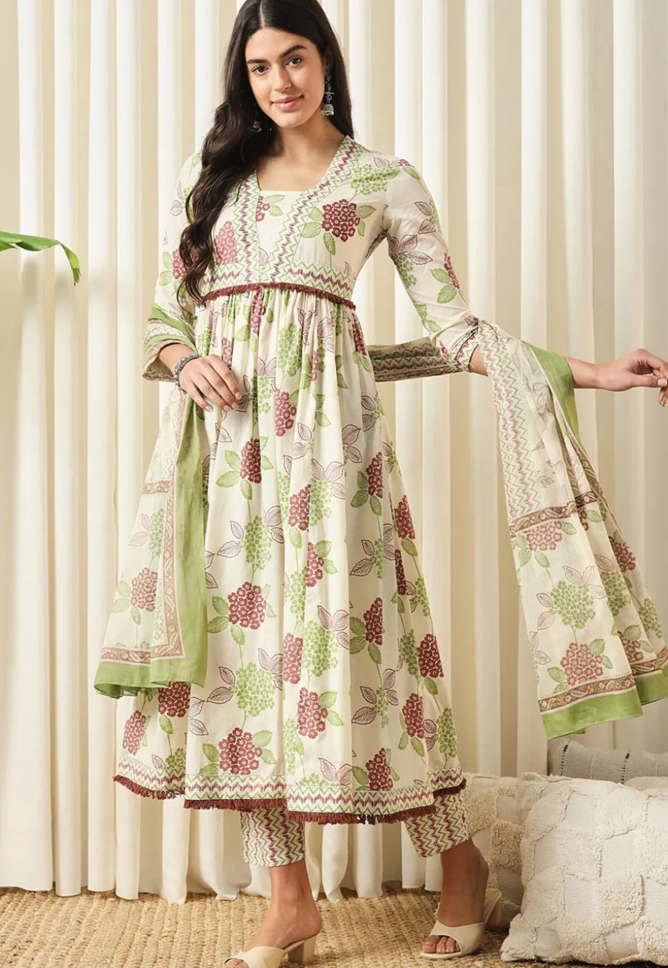 Printed Pure Cotton Aline Suit in Off White