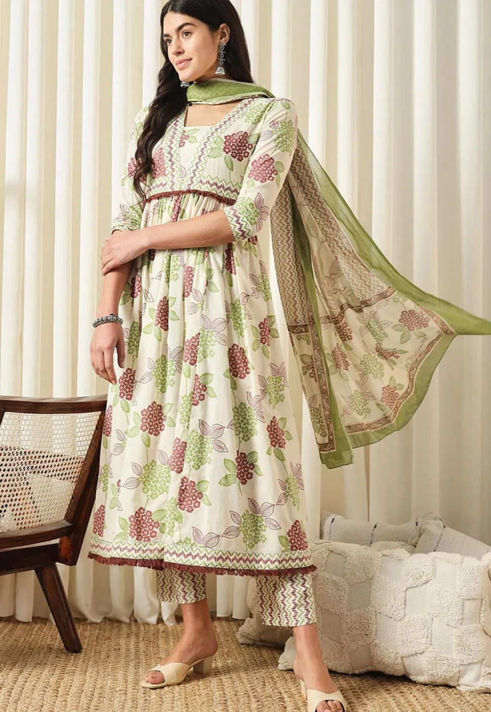 Printed Pure Cotton Aline Suit in Off White
