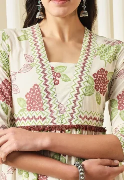 Printed Pure Cotton Aline Suit in Off White