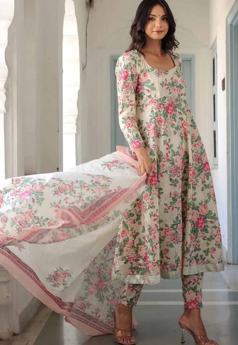 Printed Pure Cotton Aline Suit in Off White
