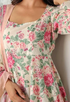 Printed Pure Cotton Aline Suit in Off White