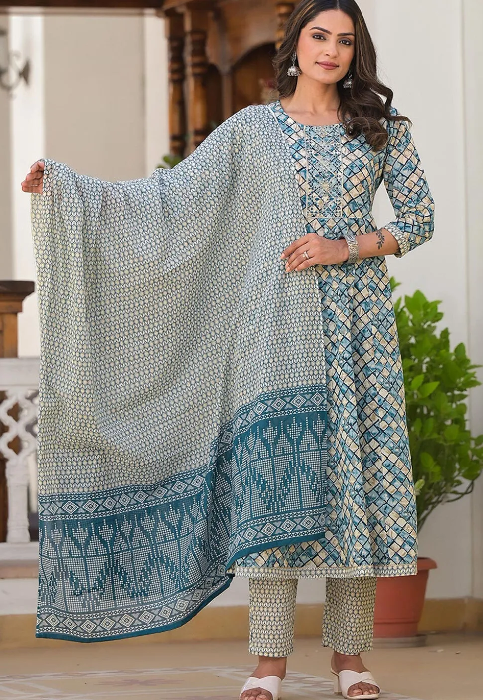 Printed Pure Cotton Aline Suit in Blue and Beige