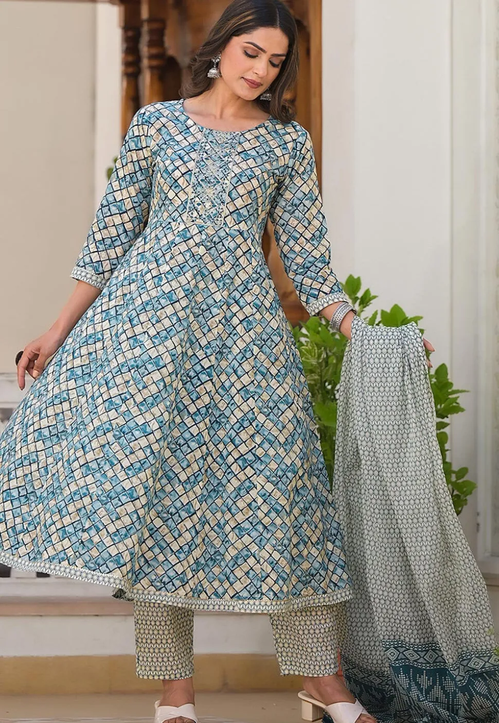Printed Pure Cotton Aline Suit in Blue and Beige