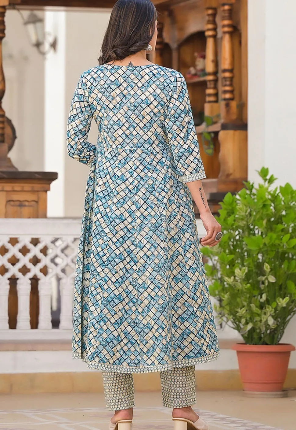 Printed Pure Cotton Aline Suit in Blue and Beige