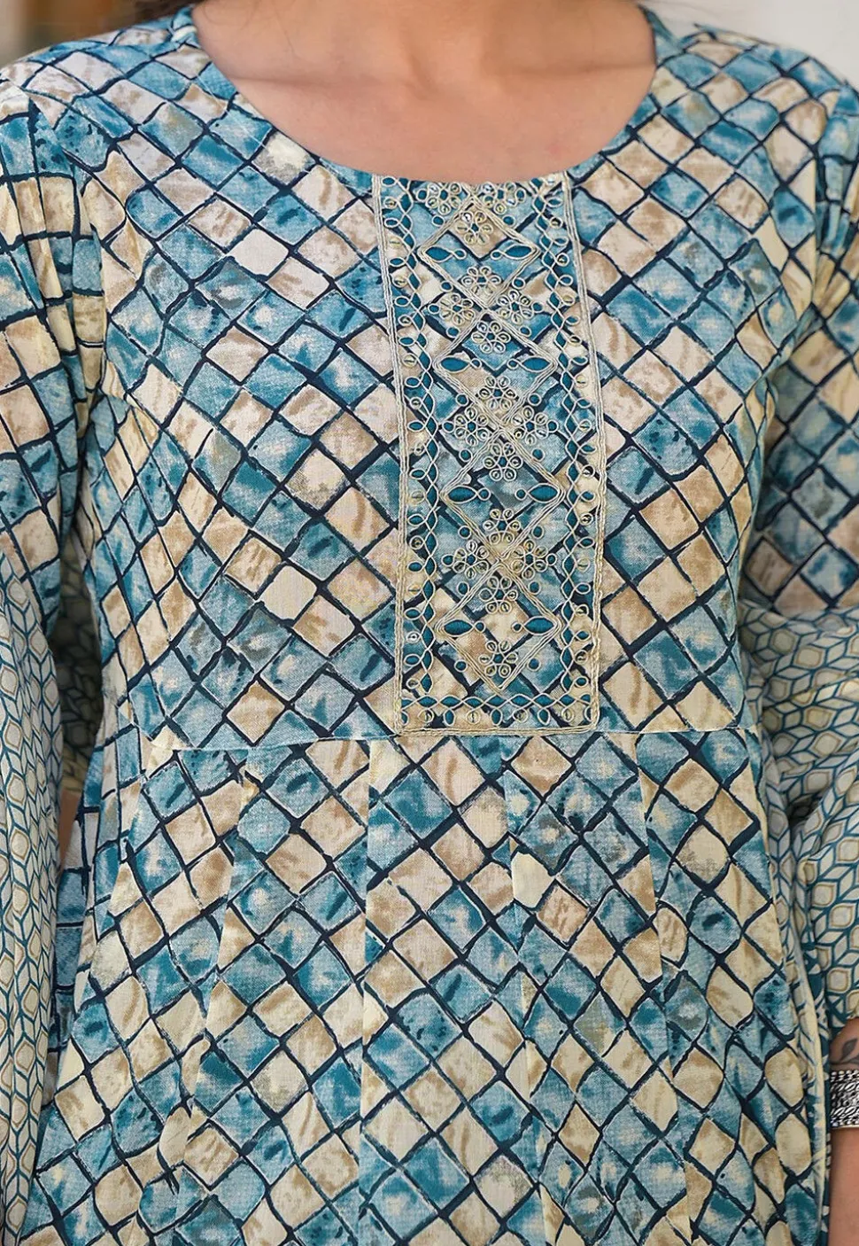 Printed Pure Cotton Aline Suit in Blue and Beige