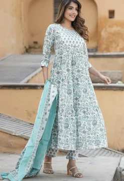 Printed Pure Cotton Aline Suit in White and Grey