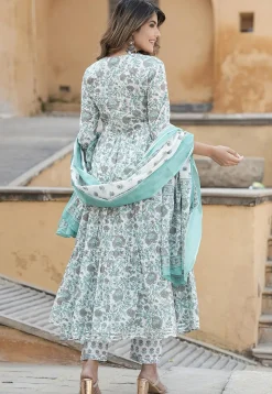 Printed Pure Cotton Aline Suit in White and Grey