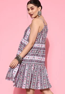 Printed Pure Cotton Aline Dress in Multicolor