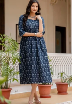 Printed Pure Cotton Aline Dress in Navy Blue