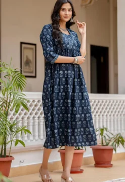 Printed Pure Cotton Aline Dress in Navy Blue
