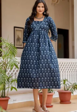 Printed Pure Cotton Aline Dress in Navy Blue