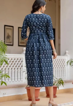Printed Pure Cotton Aline Dress in Navy Blue