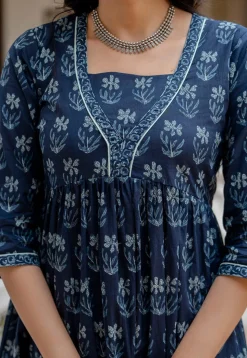 Printed Pure Cotton Aline Dress in Navy Blue