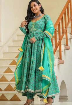 Printed Pure Cotton Aline Suit in Turquoise