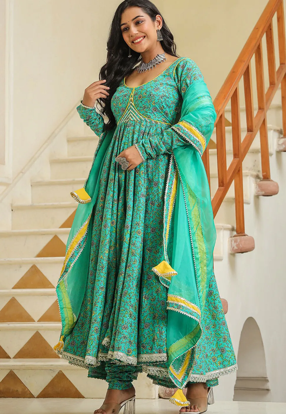 Printed Pure Cotton Aline Suit in Turquoise