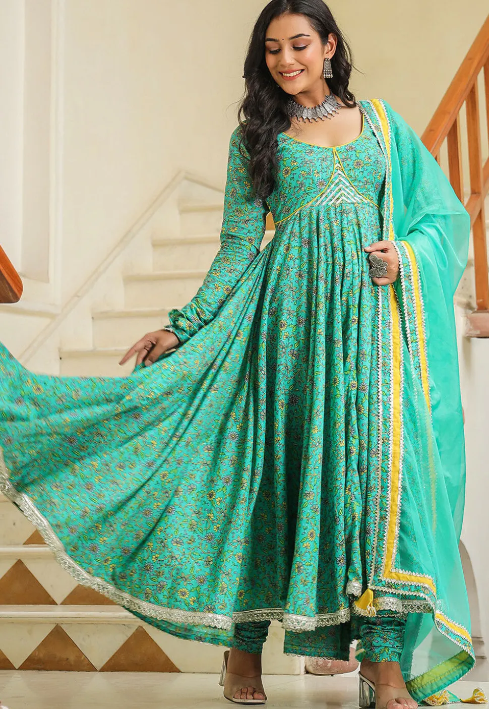 Printed Pure Cotton Aline Suit in Turquoise
