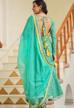 Printed Pure Cotton Aline Suit in Turquoise