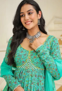 Printed Pure Cotton Aline Suit in Turquoise