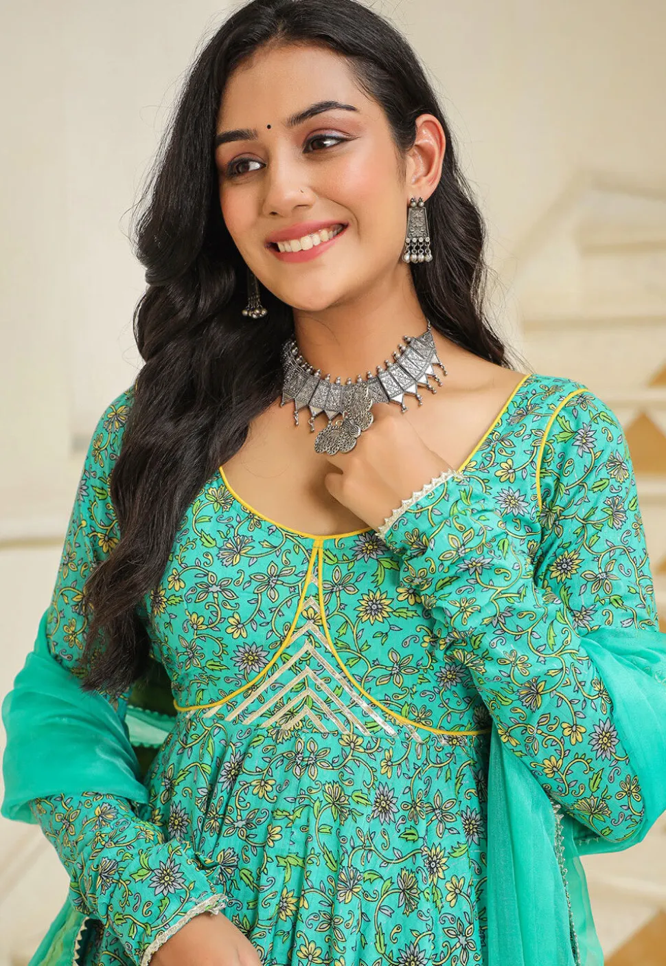 Printed Pure Cotton Aline Suit in Turquoise