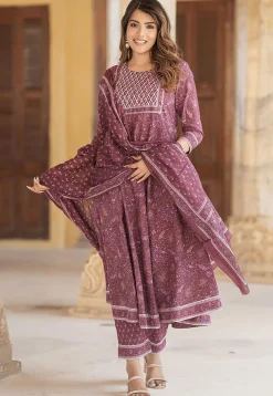 Printed Pure Cotton Aline Suit in Old Rose
