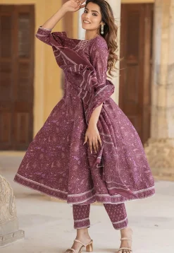 Printed Pure Cotton Aline Suit in Old Rose