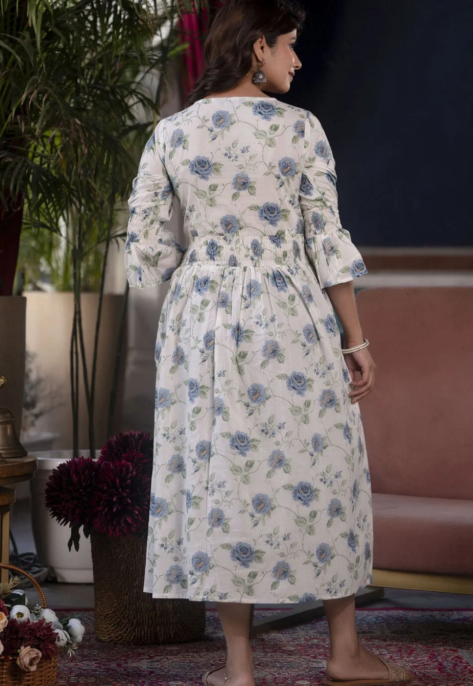 Printed Pure Cotton Aline Dress in Off White