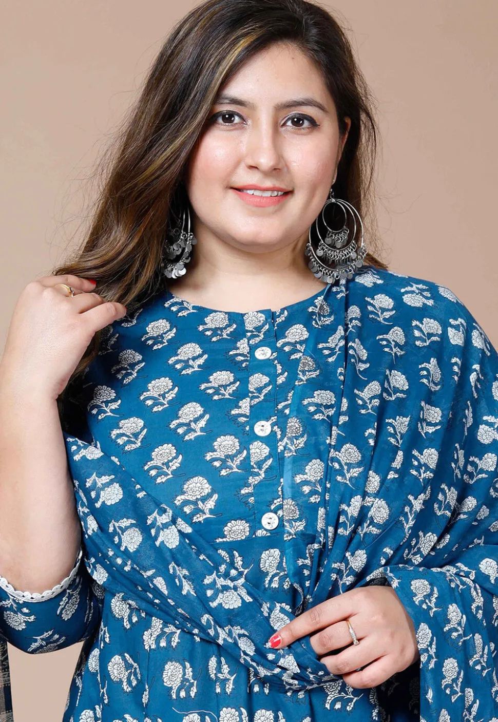 Printed Pure Cotton Aline Suit in Blue
