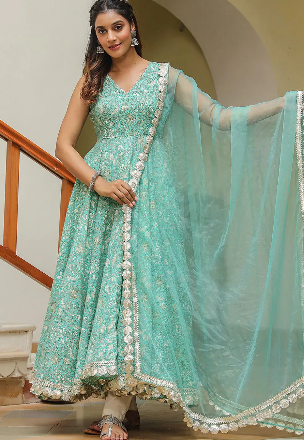 Printed Pure Cotton Aline Suit in Light Blue