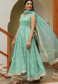 Printed Pure Cotton Aline Suit in Light Blue