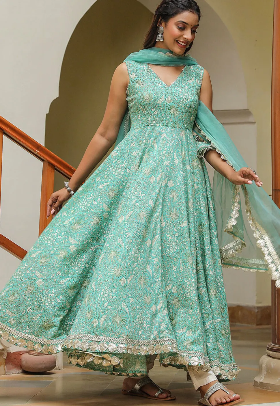 Printed Pure Cotton Aline Suit in Light Blue