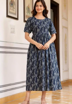 Printed Pure Cotton Aline Dress in Navy Blue