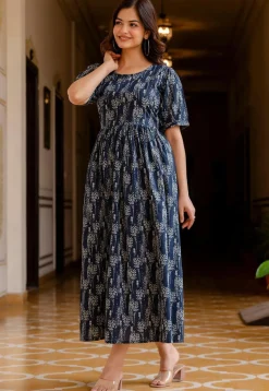 Printed Pure Cotton Aline Dress in Navy Blue