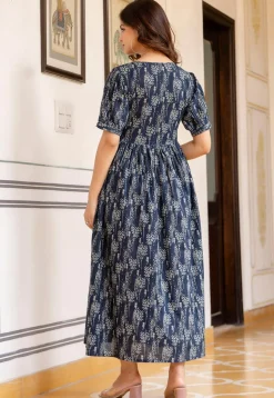 Printed Pure Cotton Aline Dress in Navy Blue