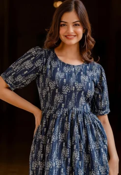 Printed Pure Cotton Aline Dress in Navy Blue