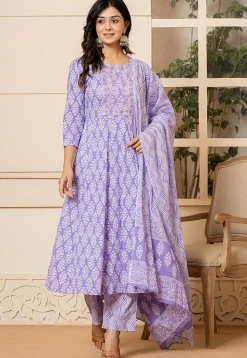 Printed Pure Cotton Anarkali Suit in Light Purple