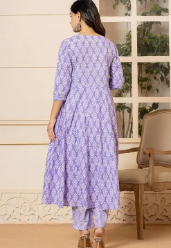 Printed Pure Cotton Anarkali Suit in Light Purple