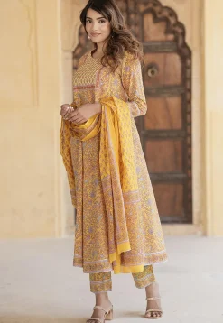 Printed Pure Cotton Anarkali Suit in Yellow