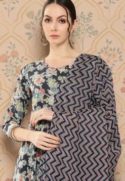 Printed Pure Cotton Anarkali Suit in Black