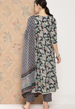 Printed Pure Cotton Anarkali Suit in Black