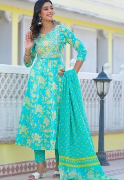 Printed Pure Cotton Anarkali Suit in Turquoise