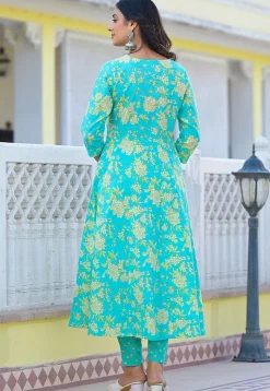 Printed Pure Cotton Anarkali Suit in Turquoise