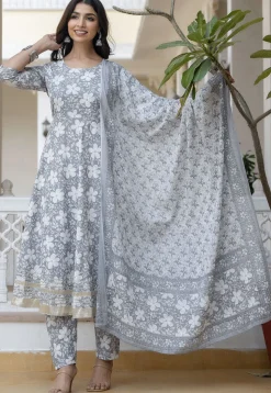 Printed Pure Cotton Anarkali Suit in Light Grey