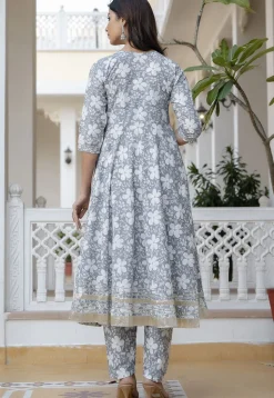 Printed Pure Cotton Anarkali Suit in Light Grey