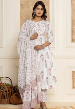 Printed Pure Cotton Anarkali Suit in Off White