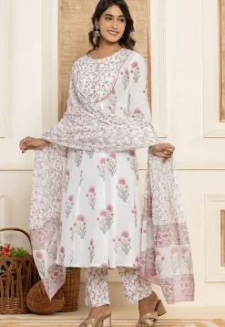 Printed Pure Cotton Anarkali Suit in Off White