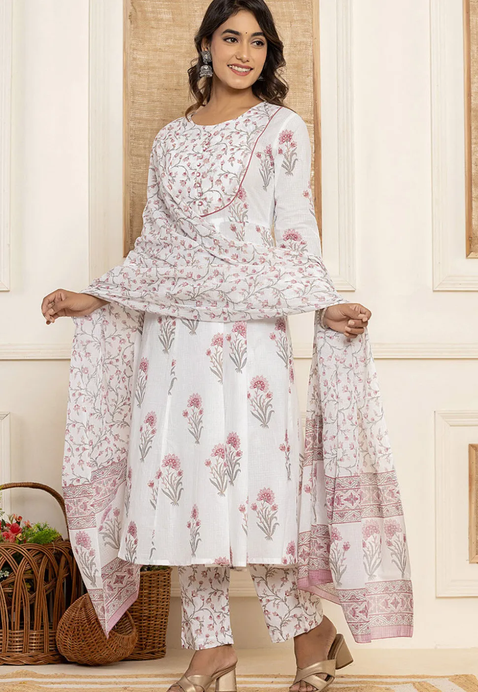 Printed Pure Cotton Anarkali Suit in Off White