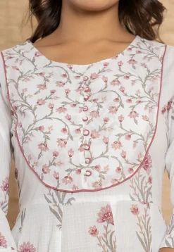 Printed Pure Cotton Anarkali Suit in Off White